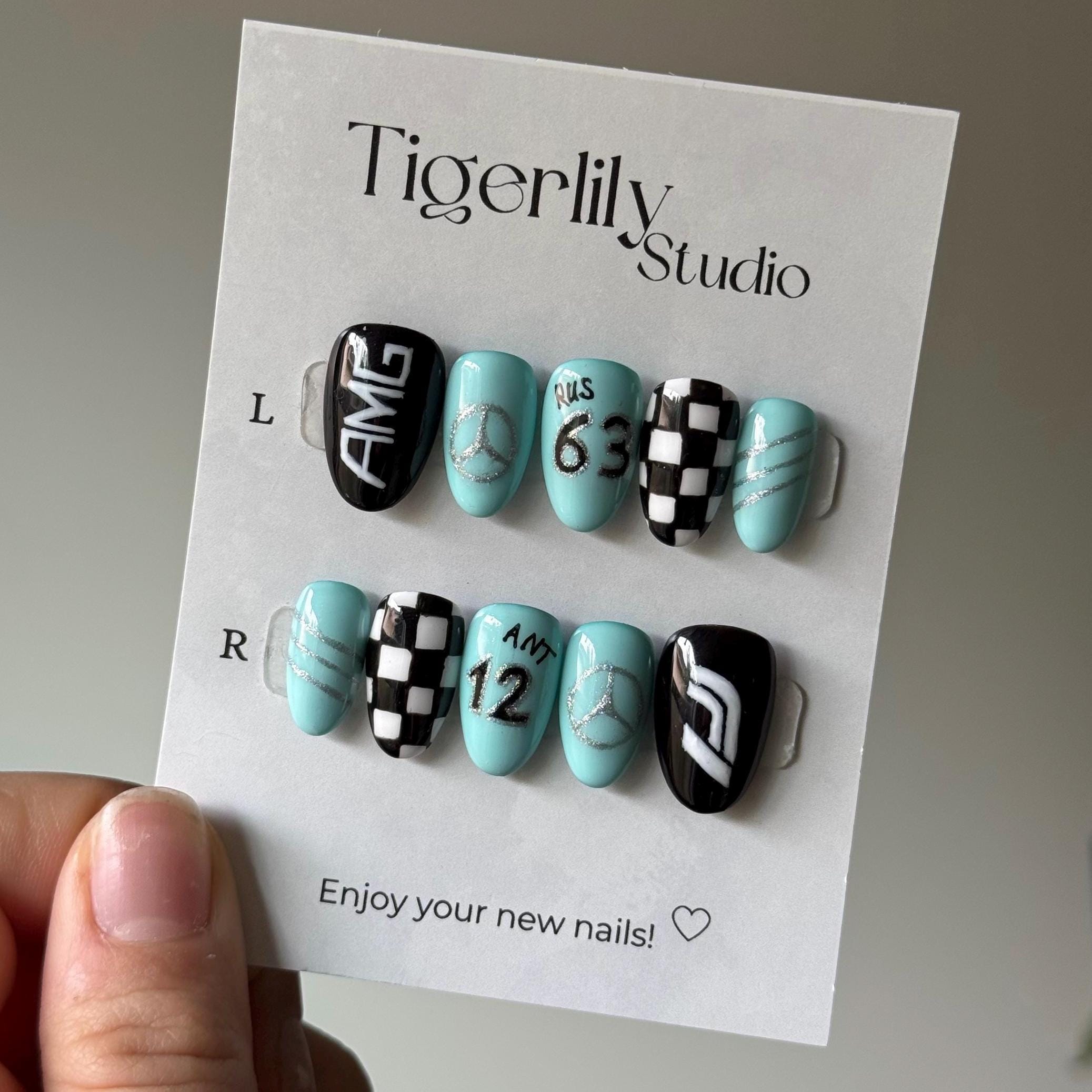 Hand-painted Mercedes F1 Racing Press on Nails, Checkered Flag