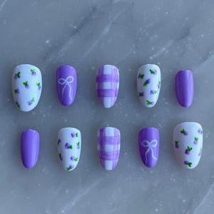 Press On Nails | Purple Flower Nails | Summer Nails | Fake Nails