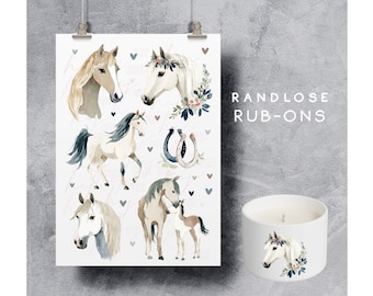 Rub-on horse and pony sticker, borderless, for girls, pastel | A5 sheet | Rub-on transfer for glass/rayon/wood | *Horses* | hej unique