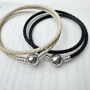 Pulsera de cuero Pandora, pulsera de cadena de serpiente de plata S925, pulsera de cadena de cuero trenzado negro, pulsera delicada, regalo para ella