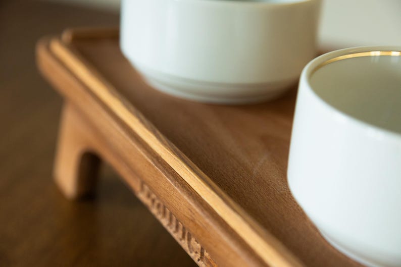 Handmade Solid Beech Wood Dog Feeder Stand With Ceramic Bowls