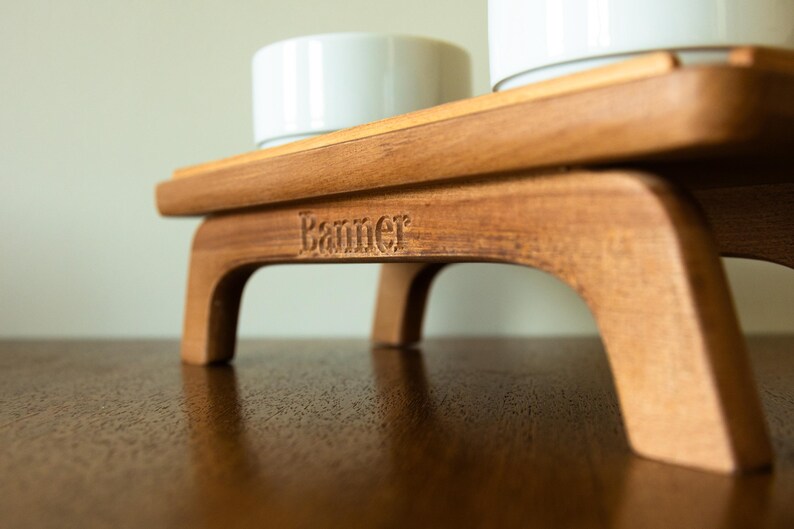 Handmade Solid Beech Wood Dog Feeder Stand With Ceramic Bowls