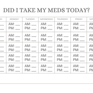 Puede incluir: Un rastreador de medicamentos con el texto "DID I TAKE MY MEDS TODAY?". El rastreador tiene espacios para registrar las dosis AM y PM para cada día de la semana, con una sección de notas en la parte inferior. El diseño es simple y organizado.