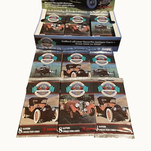 6 pakjes vintage ruilkaarten Antique Cars. 1e verzameleditie van 1886-1950. 8 kaarten per pak. Verzamel alle 100 voor een complete set!