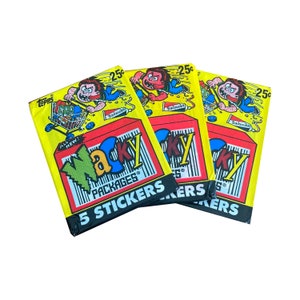 3 paquets de cartes autocollantes vintage Wacky Packages. 5 cartes autocollantes par paquet. Collectionnez-les tous ! Topps 1991. GPK