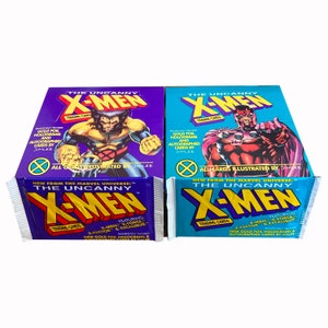May include: Two boxes and two packs of "The Uncanny X-Men" trading cards. The boxes are purple and teal, featuring illustrations of Wolverine and Magneto. The packs are blue and purple, with the X-Men logo and text.