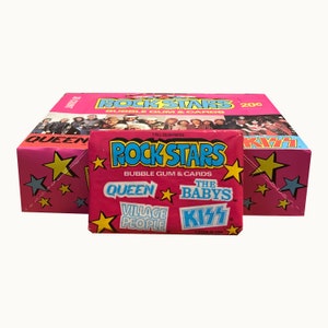 Vintage ruilkaarten van Rock Stars. 1 verzegeld waxpakket. Donruss 1979. Koningin! Dorpsmensen! De baby's! Kus! Freddie Mercury, Brian May,