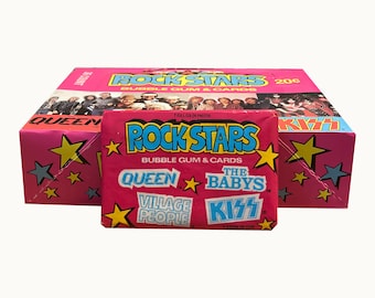 Vintage ruilkaarten van Rock Stars. 1 verzegeld waxpakket. Donruss 1979. Koningin! Dorpsmensen! De baby's! Kus! Freddie Mercury, Brian May,