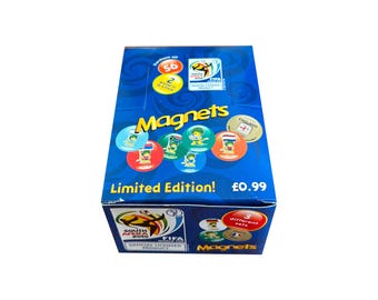Full box of 2010 FIFA World Cup South Africa collectable magnets. 28 packs per box containing 2 magnets per pack. Factory Entertainment 2010