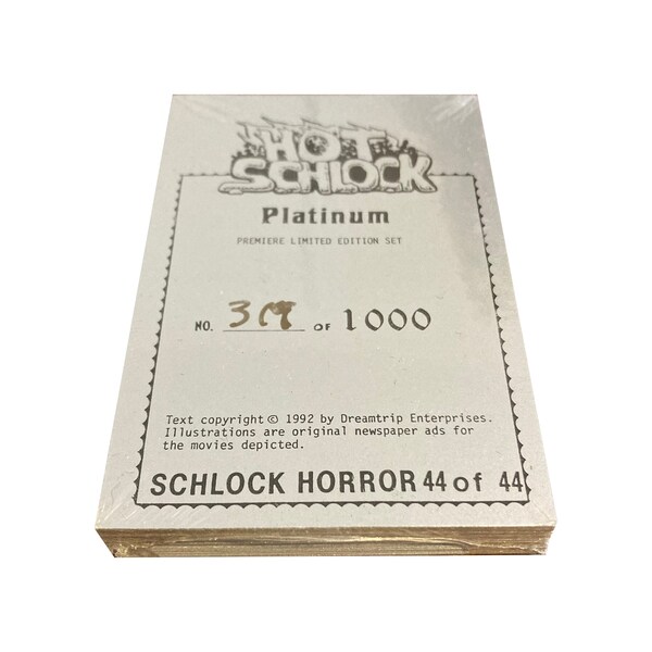 Hot Schlock platinum horror card set. 44 cards still in shrink wrap. Ads for horror movies. Set numbered 319/1000. Very rare!