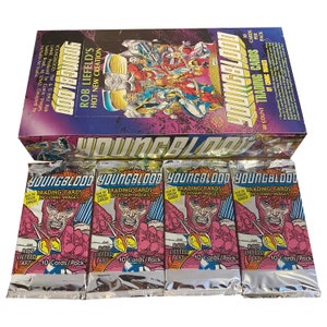 4 packs of Youngblood vintage trading cards. Rob Liefeld. 10 cards/pack. Collect all 90! Randomly inserted prism cards. Comic Images 1992