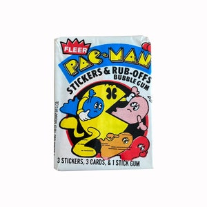 Pac-Man vintage Wachspackung. 3 Rubbel-Spielkarten + 3 Sticker pro Packung. Fleer 1980. Klassiker! Ein Muss für jeden Wachspacksammler!
