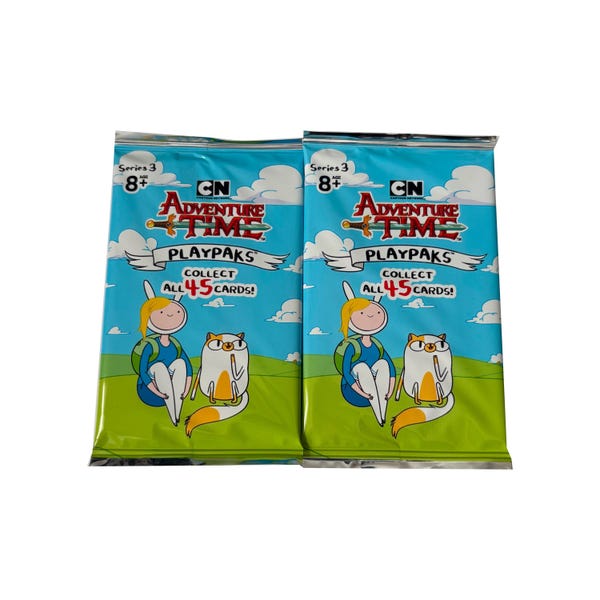 2 packs of Adventure Time Series 3 vintage trading card Playpaks. 2 base cards, 1 sticker card, 1 lava foil card, & 1 special card per pack.