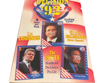 Factory sealed box of Decision &#39;92 political trading cards. Bill Clinton, George Bush, Ross Perot. 36 packs. Produced by AAA Sports in 1992.