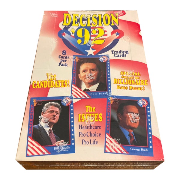 Factory sealed box of Decision '92 political trading cards. Bill Clinton, George Bush, Ross Perot. 36 packs. Produced by AAA Sports in 1992.