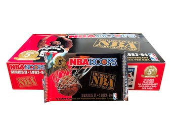 May include: A 1993-94 NBA Hoops Series II basketball card display box and a single matching foil pack. The packaging features red and black colors, the NBA Hoops logo, a basketball graphic, and text indicating 12 cards plus one 5th anniversary gold foil card.