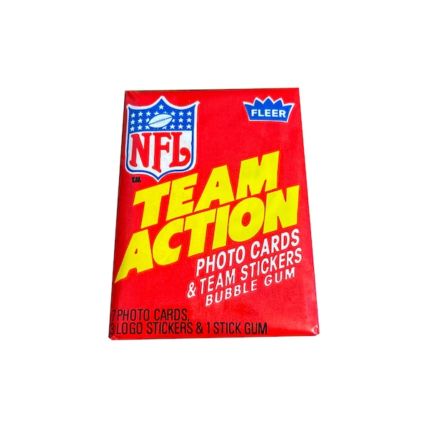 1 pack of 1983 Fleer NFL Team Action Football cards. 7 photo cards + 3 solid gold team stickers per pack. Fleer 1983. Vintage wax pack!