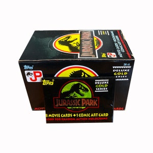 1 Packung Jurassic Park Deluxe Gold Series Vintage Sammelkarten. 8 Filmkarten + 1 Comickarte pro Packung. Topps 1992. Knapp!