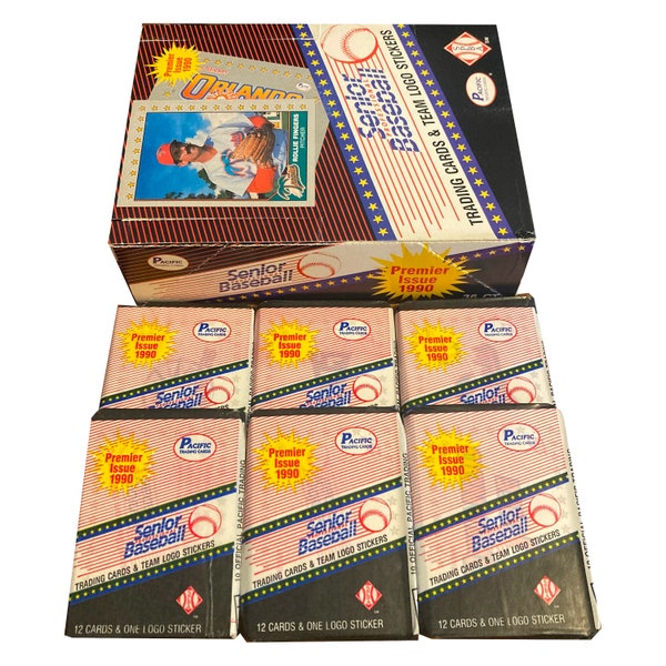 6 packs of Senior Professional Baseball vintage trading cards. Premier issue 1990. 12 cards + 1 team logo sticker per pack. Pacific 1990.