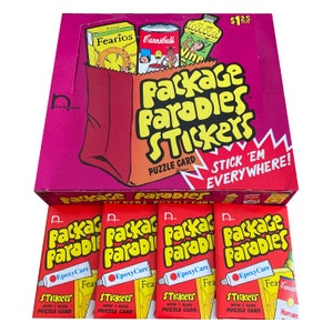 4 pacotes de cartas de quebra-cabeça vintage Package Parodies + adesivos. Lançado pela NewHamm Productions em 2000. Pacotes GPK Wacky