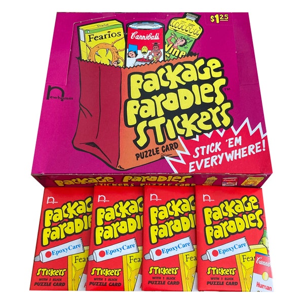 4 packs of Package Parodies vintage puzzle cards + stickers. Released by NewHamm Productions in 2000. GPK Wacky Packages