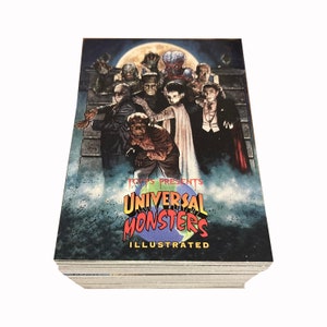 Ensemble complet illustré de monstres universels de 100 cartes à collectionner vintage + 14 cartes poursuite + poster de décoration de boîte promotionnelle. Topps 1994.