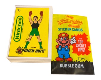 Nintendo Super Mario Bros. complete set van 64 vintage mini-ruilkaarten. Uitgegeven door Topps Ireland in 1990. Zeer zeldzaam Nintendo-verzamelobject!