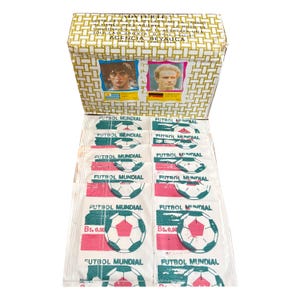 5 double-wide packs of 1986 Mexico World Cup vintage football/soccer stickers. Produced in Venezuela by Reyauca. FIFA