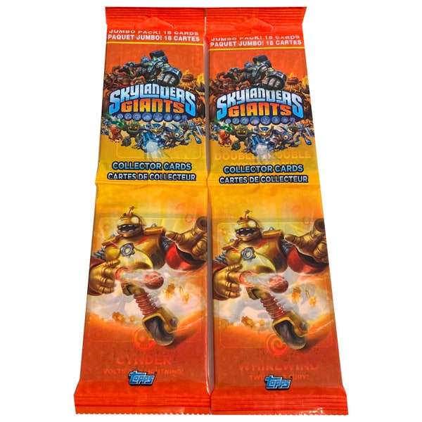 2 jumbo packs of Skylanders Giants vintage trading cards. 18 cards per pack. Collect them all! Released by Topps + Activision.