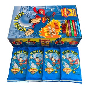 4 Superman Action Packs vintage trading cards. Puzzle cards, game cards, pop-out cards, coloring cards, stickers. Skybox 1996.