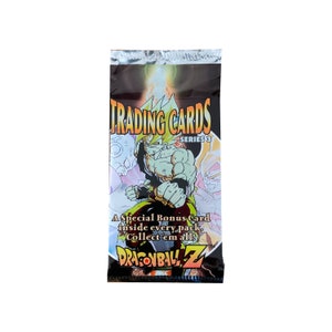 1 pack of Dragon Ball Z Series 3 vintage trading cards. 9 cards + 1 gold metallic card per pack. Collect them all! Artbox 1999. Very scarce!