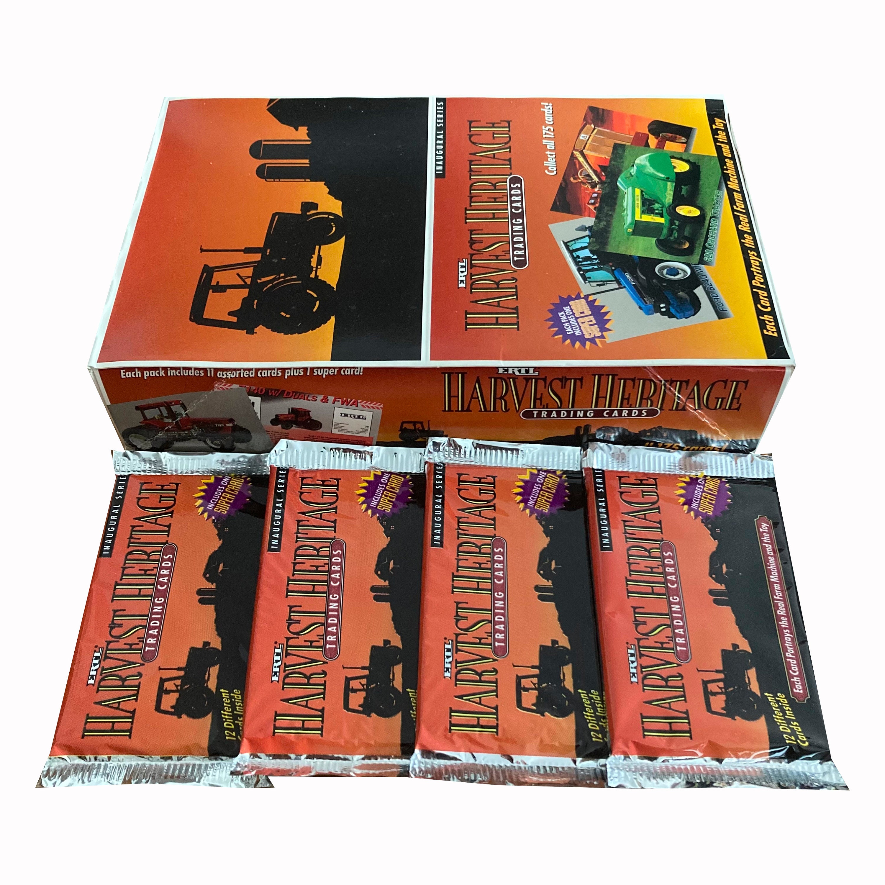 4 paquetes de cromos vintage Harvest Heritage. 12 cromos por paquete. Cada cromo muestra la máquina agrícola real y el juguete. Ertl 1994.