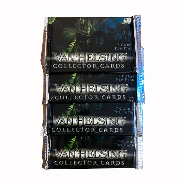 4 packs of Van Helsing vintage movie trading cards. 7 cards per pack. Randomly inserted chase cards. Comic Images. Hugh Jackman