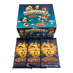 3 Packungen von Animaniacs Vintage Sammelkarten. 8 Karten + 1 Foliensticker pro Packung. Zufällige Verfolgungsjagden! Topps 1995. Mit Pinky und dem Gehirn!