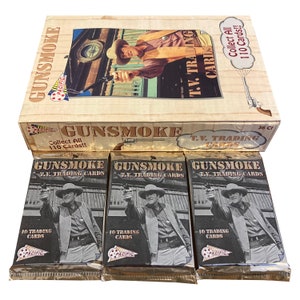 3 Packungen mit Gunsmoke Vintage Sammelkarten. 10 Karten pro Packung. Sammle sie alle! Erschienen 1993 von Pacific.Muss für jeden Gunsmoke Fan haben!