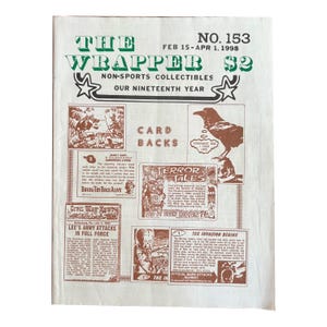 Revista vintage de colecionáveis não esportivos The Wrapper, edição nº 153, e guia de preços. Fevereiro-Abril de 1998. Bom estado geral com detalhes em rosa.