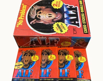 4 packs of ALF series 2 trading cards. 5 cards and 1 sticker per vintage wax pack. Topps 1988. "No problem."