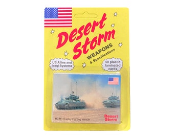 Factory sealed Desert Storm Weapons & Specifications vintage 50 trading card set. Includes US Allies and Iraqi systems. DSI 1991.