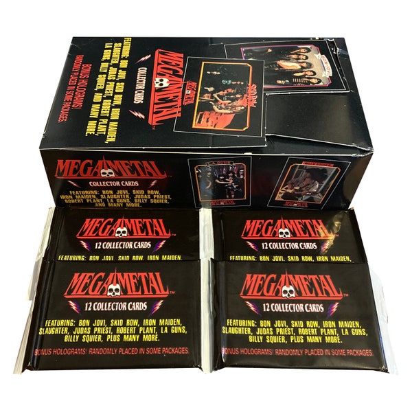 4 packs of Mega Metal vintage trading cards. 12 heavy metal collector cards per pack. Randomly inserted bonus holograms in some packs!