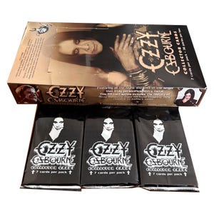 3 pakken vintage Ozzy Osbourne-ruilkaarten. 7 verzamelkaarten per pak. 68 kaarten voor een complete set. Monowise Limited 2001.