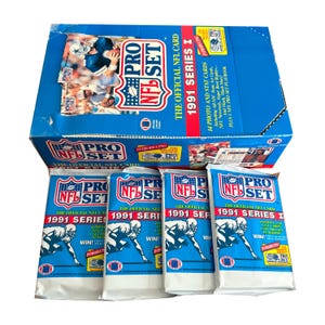 4 pacotes de cards de futebol americano Pro Set NFL de 1991, série 1. 14 cards por pacote. Muitas estrelas clássicas da NFL! Pro Set 1991. Colecione todos eles!