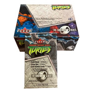 1 pakje Teenage Mutant Ninja Turtles The Shredder Strikes vintage ruilkaarten. 5 kaarten per pakje. Zeer zeldzame TMNT-kaarten! Fleer 2003.
