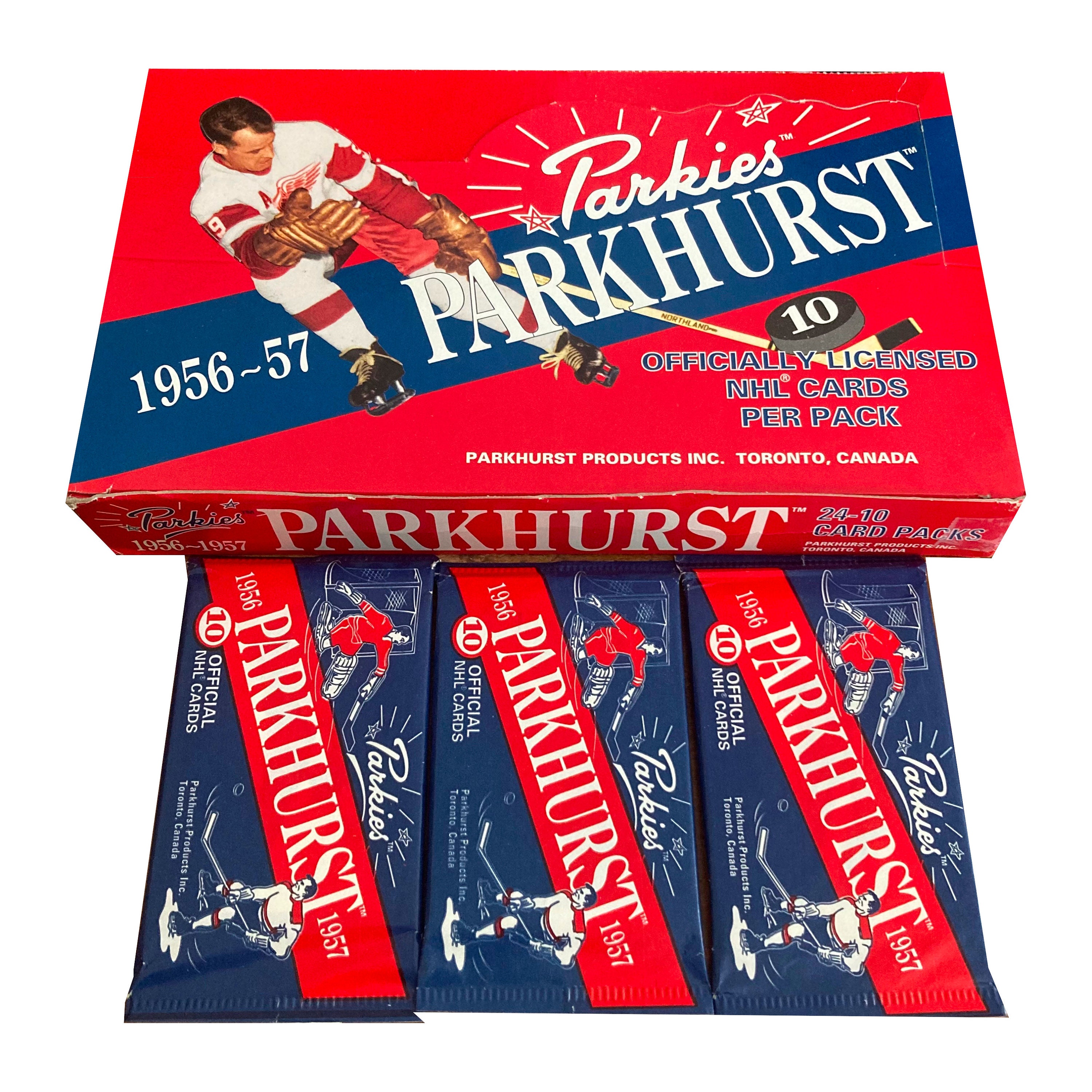 3 packs of 1956-57 Parkies vintage hockey cards. NHL hockey cards depicting the classic NHL stars of 1956-57. Released by Parkhurst in 1994.