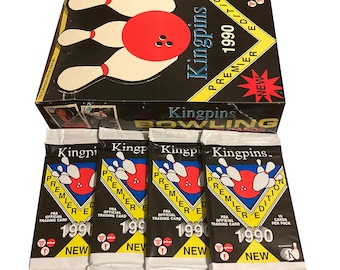 May include: Four unopened packs of 1990 Kingpins Premier Edition Bowling trading cards. Each pack features a red, white and black design with a bowling pin graphic and the text "Kingpins 1990 Premier Edition".