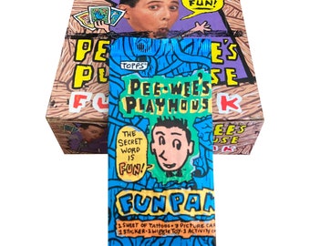 1 pack of Pee-Wee's Playhouse Fun Pak vintage trading cards! 1 sheet of tattoos, 3 picture cards, 1 sticker, and more! Topps 1988.