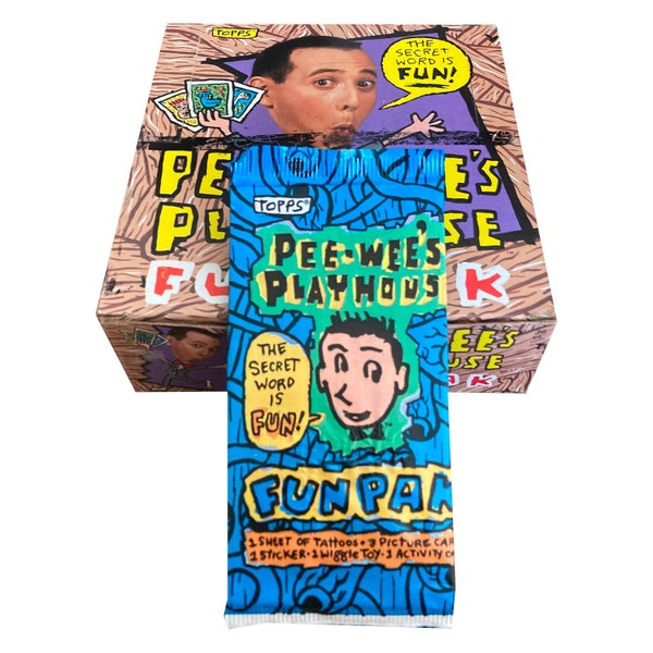 1 pack of Pee-Wee's Playhouse Fun Pak vintage trading cards! 1 sheet of tattoos, 3 picture cards, 1 sticker, and more! Topps 1988.