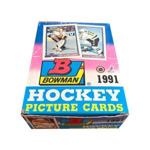 1991年ボウマンNHLホッケー・ビンテージ・ピクチャーカードのフルボックス。14枚入り36パック。Topps 1991。全部集めよう！NHLの往年のスター選手が勢ぞろい！