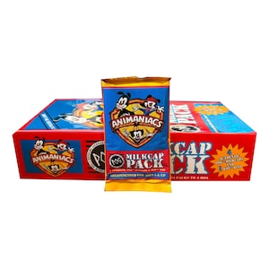1 pack of Animaniacs vintage Pogs. 4 authentic Pog milk caps + 1 WPF kini slammer per pack. Collect them all! Produced in 1995. Rare!