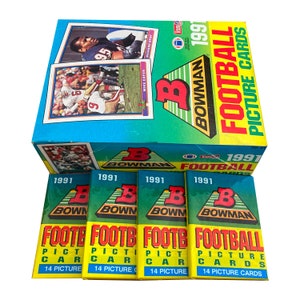 4 paquets de cartes de football Bowman 1991. 14 cartes par paquet de violoncelle vintage. Barry Sanders John Elway. De nombreuses stars classiques de la NFL ! Topps 1991.