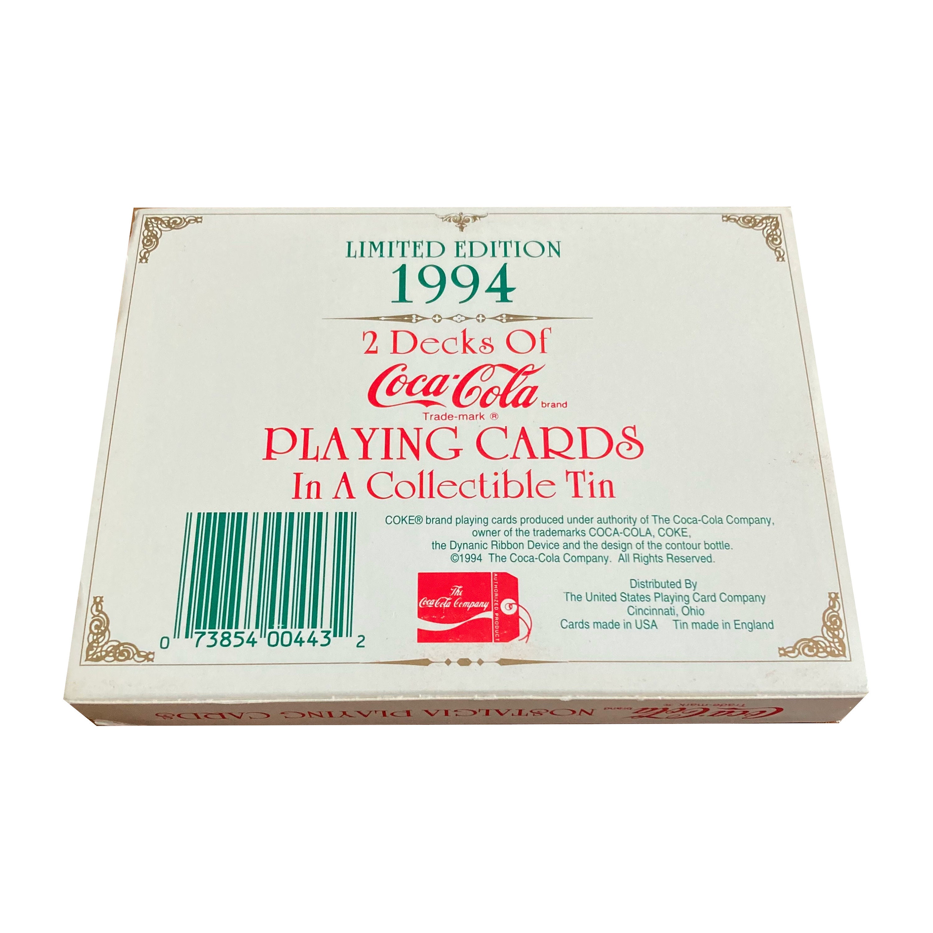 Coca-Cola Nostalgia playing cards in a collectable tin. 2 decks of cards. 1994 limited edition. Brand new in box. Coca-Cola Nostalgia playing cards in a collectable tin. 2 decks of cards. 1994 limited edition. Brand new in box.